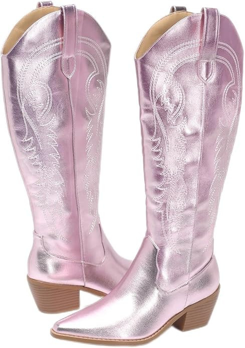 Amoji Women Western Cowboy Boots Pointed Toe Cowgirl Knee High Boots Pull On With Zipper 307 | Amazon (US)
