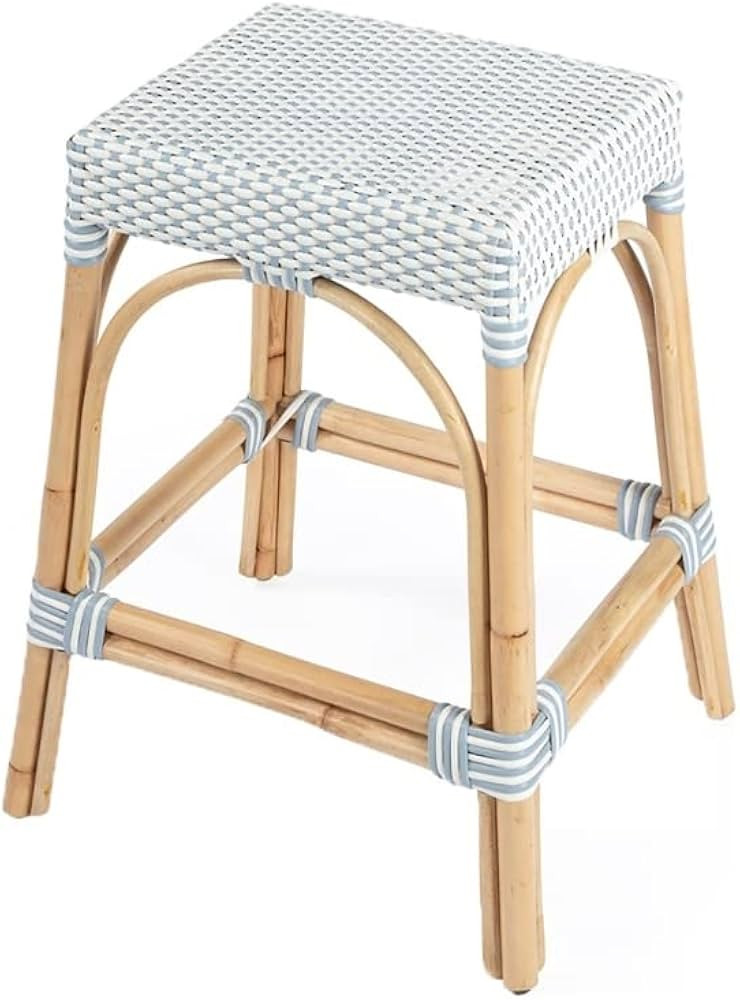 Beaumont Lane 24.5" Transitional Rattan Counter Stool in White/Sky Blue | Amazon (US)