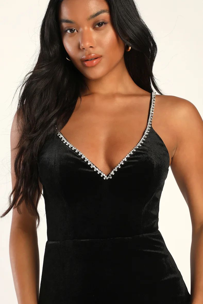 Glam Gorgeous Black Velvet Rhinestone Bodycon Midi Dress | Lulus (US)