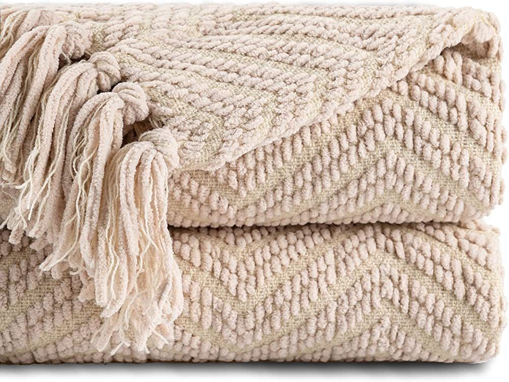 BATTILO HOME Beige Throw Blanket for Couch, Knitted Beige Blanket for Bed, Neutral Throw Blanket ... | Amazon (US)
