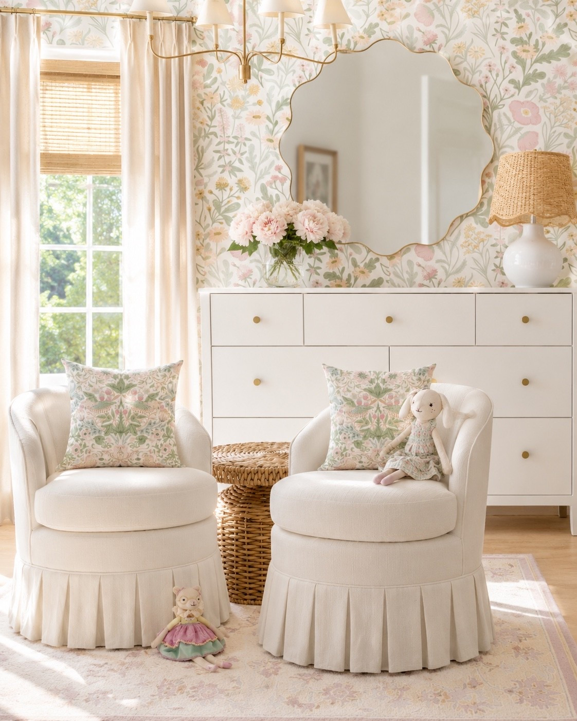 A darling floral bedroom 

Wallpaper bedroom chairs girls bedroom dresser lighting mirror

#LTKHome #LTKKids #LTKSaleAlert