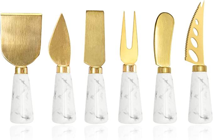 Golden Cheese Knife Set 6 Piece, Marble Handle Butter Spatula Knives, Cheese Spreader Cutter with... | Amazon (US)