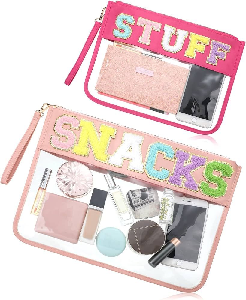 2 Pieces Snack Pouch Stuff Bag Chenille Letter Clear Preppy Makeup Bags Summer Gifts Multi Purpos... | Amazon (US)
