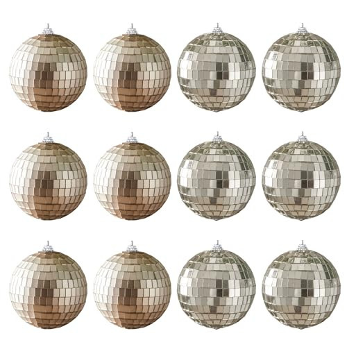 12 PCS Disco Balls Ornaments, Small Disco Balls Party Decorations, 3.15in Brown and Grey Glass Hanging Decor for Home Birthday Decoration KTV Party Decor Fall Decor Xmas Tree | Amazon (US)