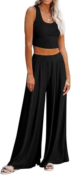 Lveberw Lounge Set Womens, Outfits Sets, Ribbed Crop Top Long Sleeve, Palazzo Pants - Loose Sweat... | Amazon (US)
