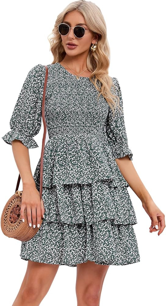 MANAIXUAN Women's Summer Floral Print Mini Party Dresses Puff Sleeve Flowy 3 Layer Ruffle Casual Dre | Amazon (US)