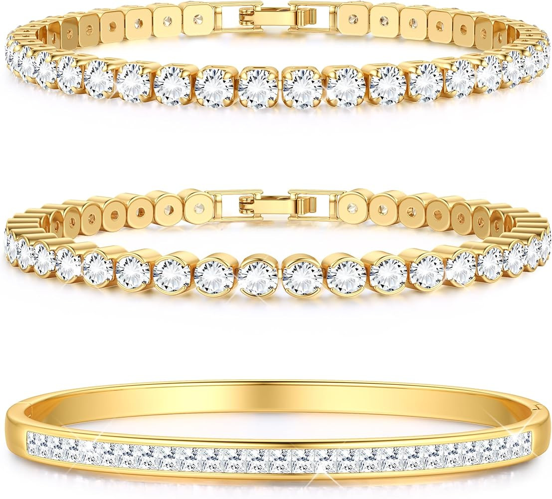 Yadoca Tennis Bracelets for Women Gold Bangle Bracelet Set 18K Gold Plated Stackable Cubic Zircon... | Amazon (US)
