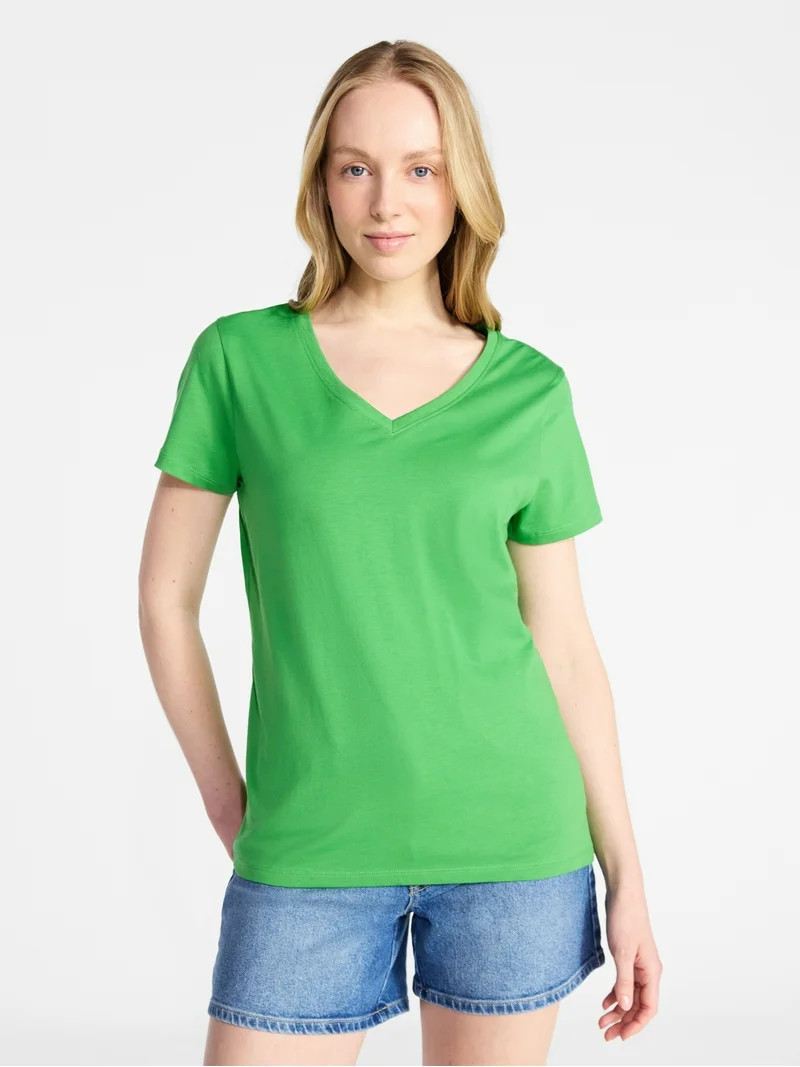 Time and Tru Women's Cotton V-Neck Tee with Short Sleeves, Sizes XS-XXXL | Walmart (US)