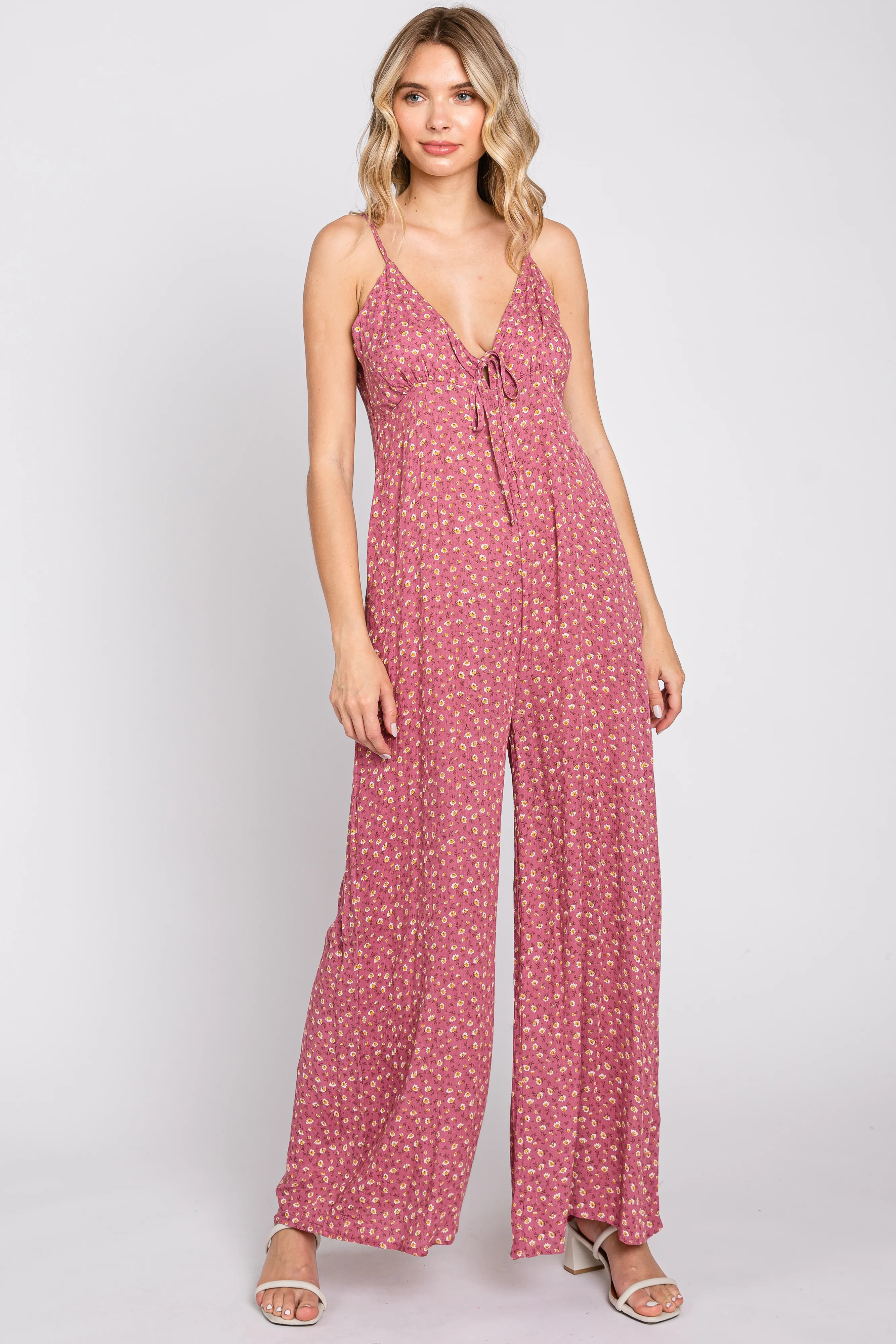Mauve Floral V-Neck Front Tie Sleeveless Jumpsuit | PinkBlush Maternity