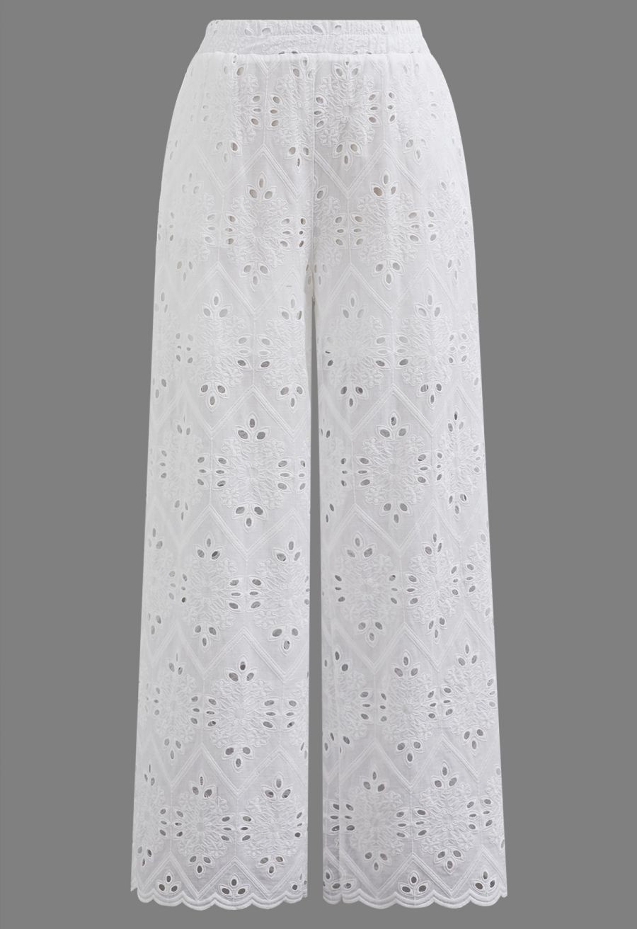 Tile Embroidered Eyelet Cotton Pants in White | Chicwish