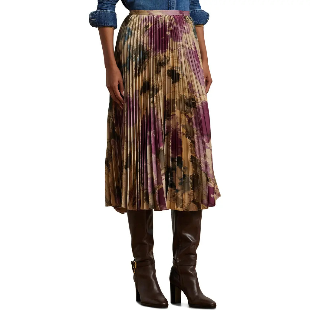 Lauren Ralph Lauren Print Pleated A-Line Midi Skirt in Tan Multi at Nordstrom, Size 0 | Nordstrom