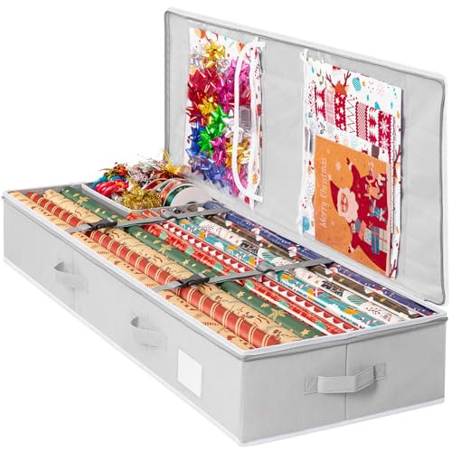 Criusia Christmas Gift Wrapping Paper Organizer Storage, Durable Underbed Storage Container Fits 24 Rolls, with Removable Dividers and Pockets for Ribbon, Ornaments, Holiday Accessories, Grey | Amazon (US)