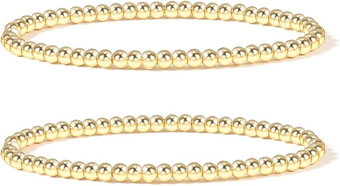 Gold Bead Bracelet for Women,14K Gold Plated Bead Ball Bracelet Stretchable Elastic Bracelet | Amazon (US)