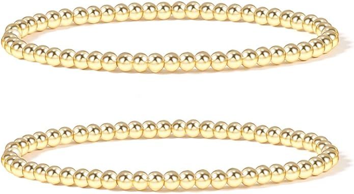 Gold Bead Bracelet for Women,14K Gold Plated Bead Ball Bracelet Stretchable Elastic Bracelet | Amazon (US)