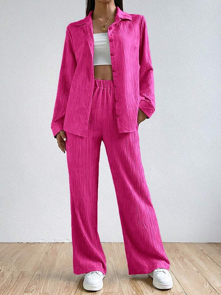 SHEIN EZwear Solid Button Front Shirt & Wide Leg Pants | SHEIN