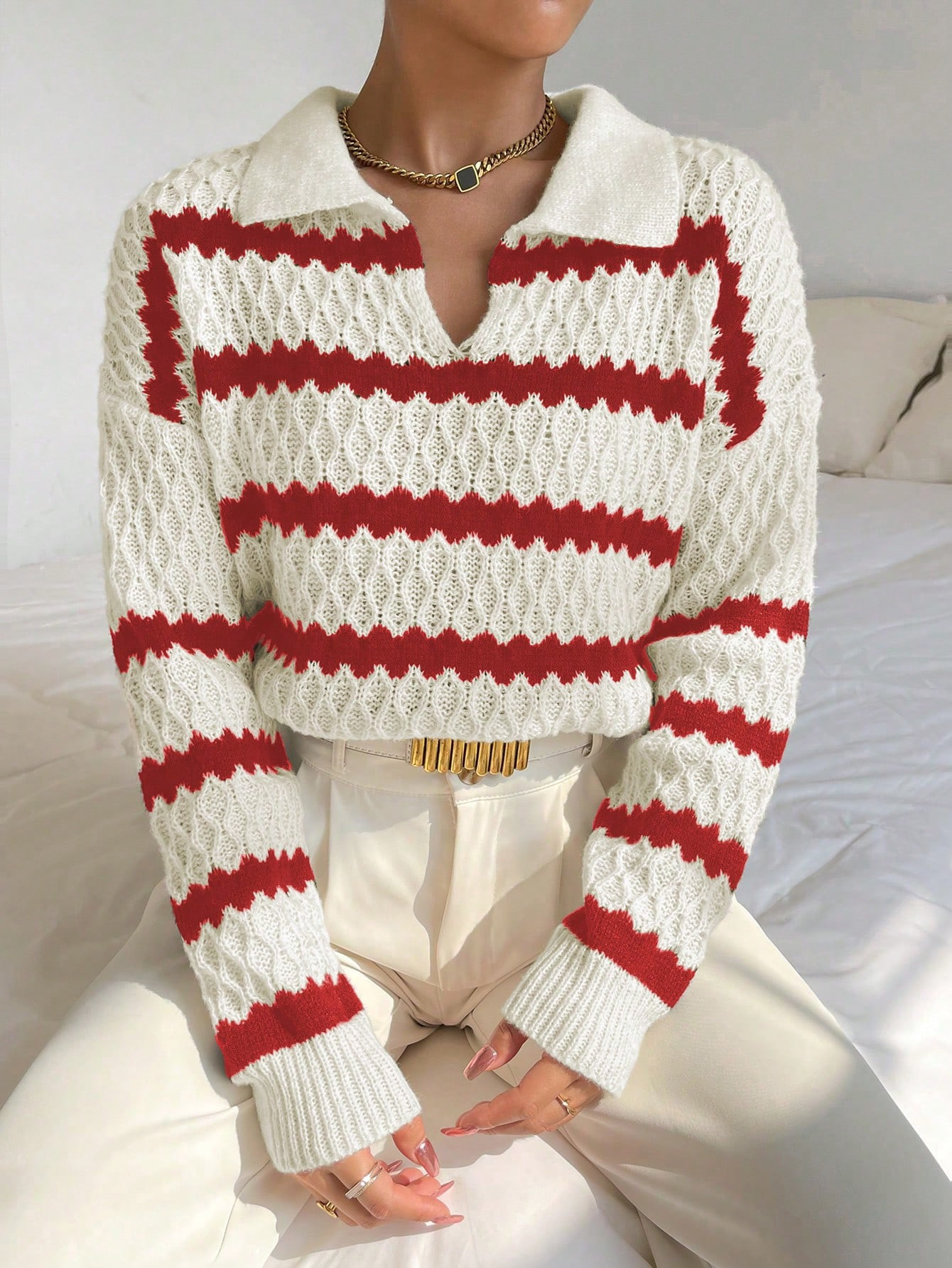 SHEIN Essnce Striped Pattern Drop Shoulder Sweater | SHEIN