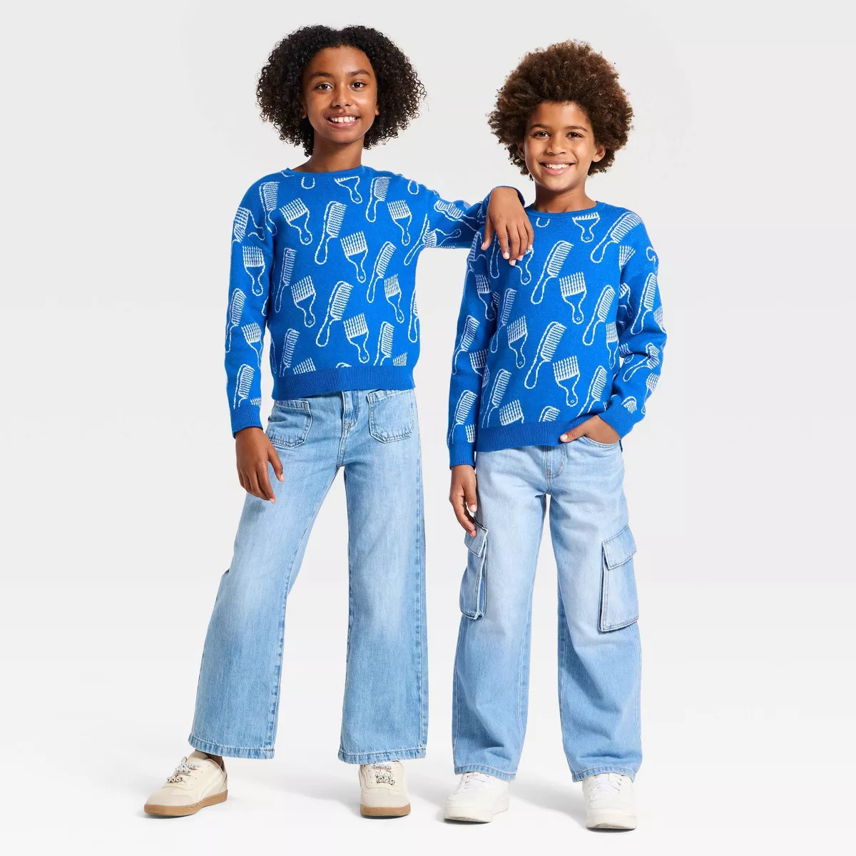 Black History Month Kids' Crewneck Sweater - Blue with Hair Comb Print XS | Target