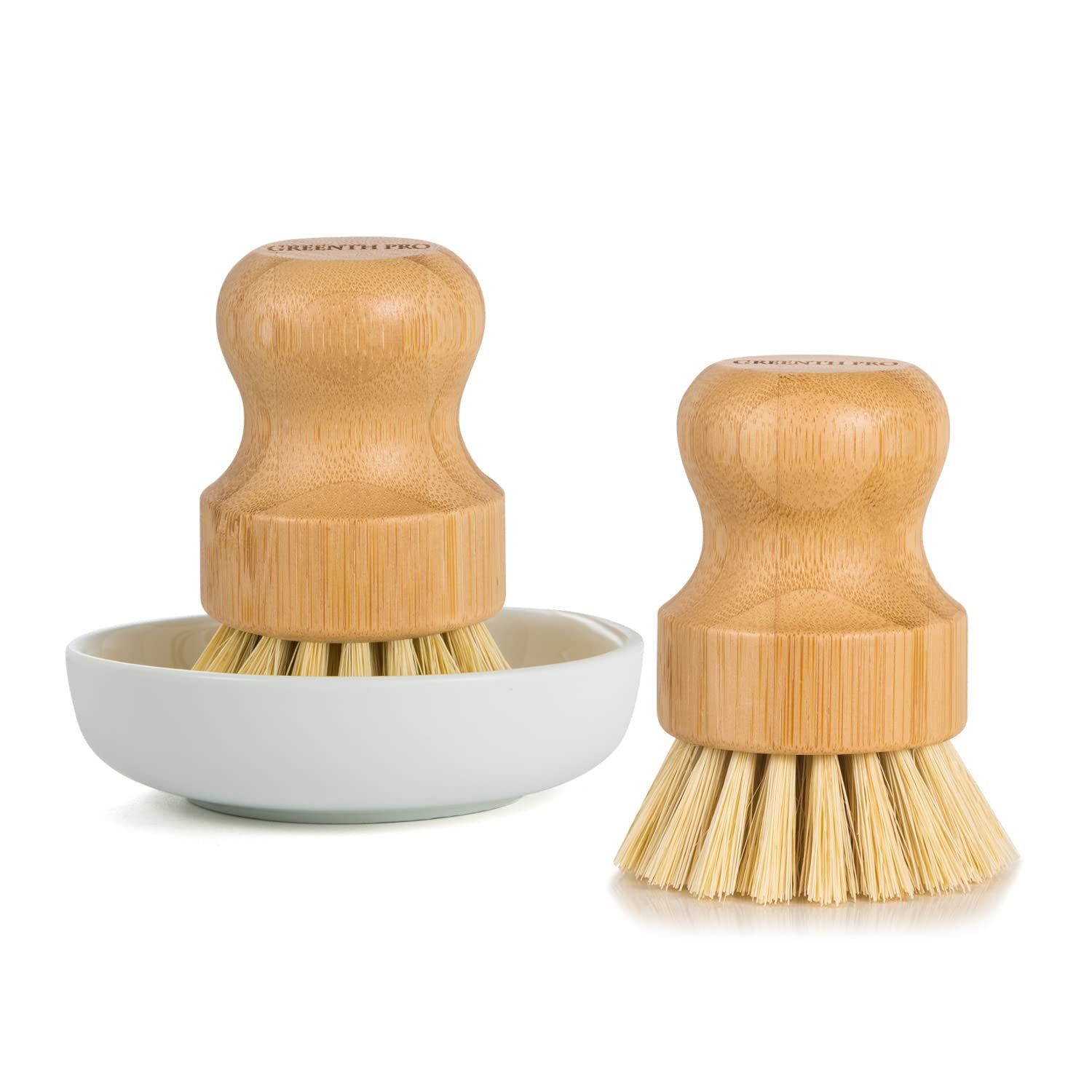 GREENTH PRO Bamboo Dish Brush-2 Pack Eco Friendly Sisal Scrubber Brush with Ceramics Holder-Wooden B | Amazon (US)