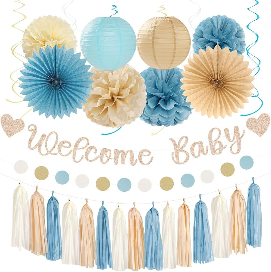 Light-Dusty Blue Beige-Champagne Baby-Shower Party-Decorations - 31pcs Welcome Home Banner Sign,B... | Amazon (US)