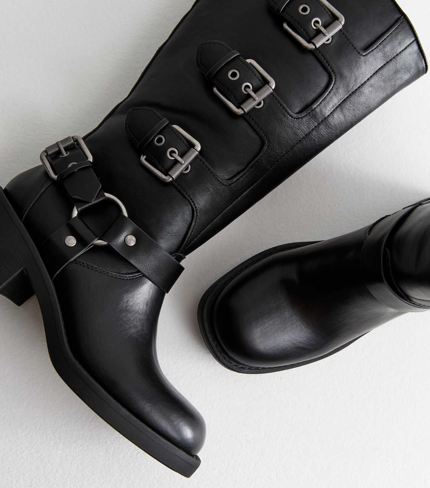 Black Faux Leather Buckled Knee High Biker Boots | New Look | New Look (UK)