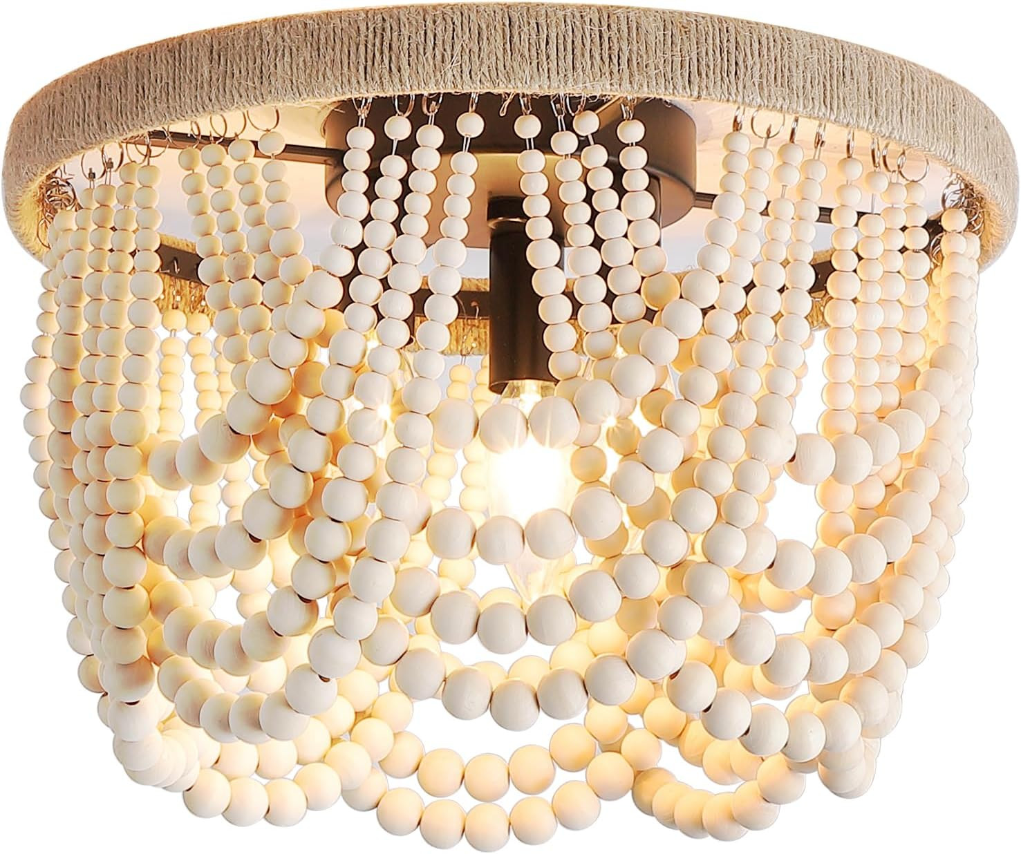 DIKAIDA Boho Wood Beaded Chandelier, Semi Flush Mount Ceiling Light, 3-Light Oak White Finish Min... | Amazon (US)