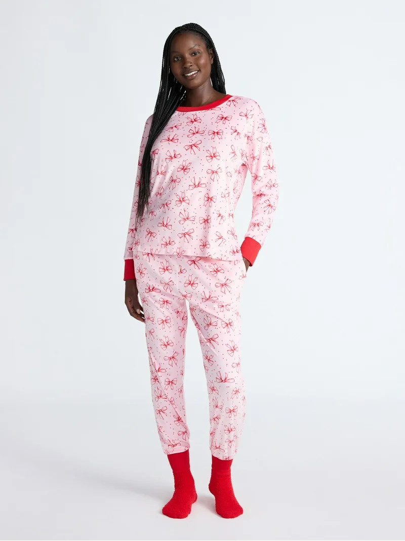 Joyspun Women’s Stretch Velour Long Sleeve Top, Pants, and Socks Pajama Set, 3-Piece, Sizes XS-... | Walmart (US)