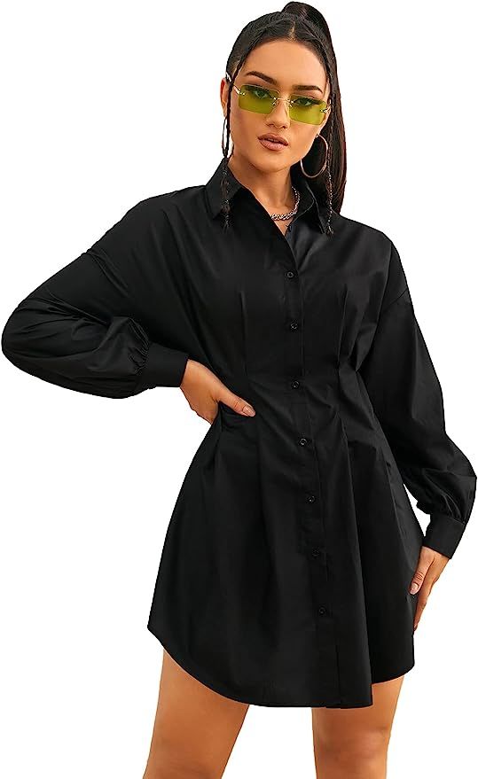 SheIn Women's Pleated Long Sleeve Mini T Shirt Dress Lapel Collar Button Flared Short Dresses | Amazon (US)