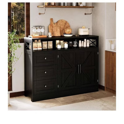 Black 47" Modern Farmhouse Sideboard Buffet Cabinet, 3 Drawers & Open Shelf, Coffee Bar | Target