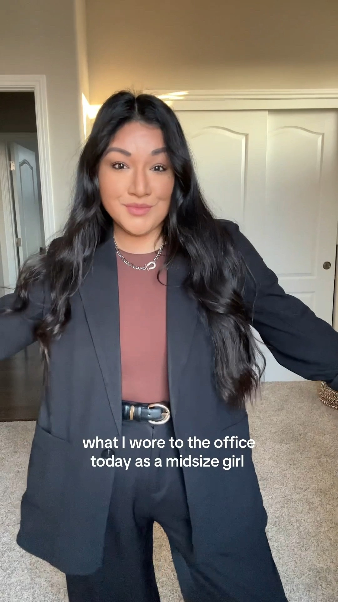 Black pants - L short and thin material , fits true to size and still has stretch . I’m 5’2” and it’s perfect length

Pumiey bodysuit top - large and fits true to size 

Belt is size 37-41

#LTKWorkwear #LTKMidsize