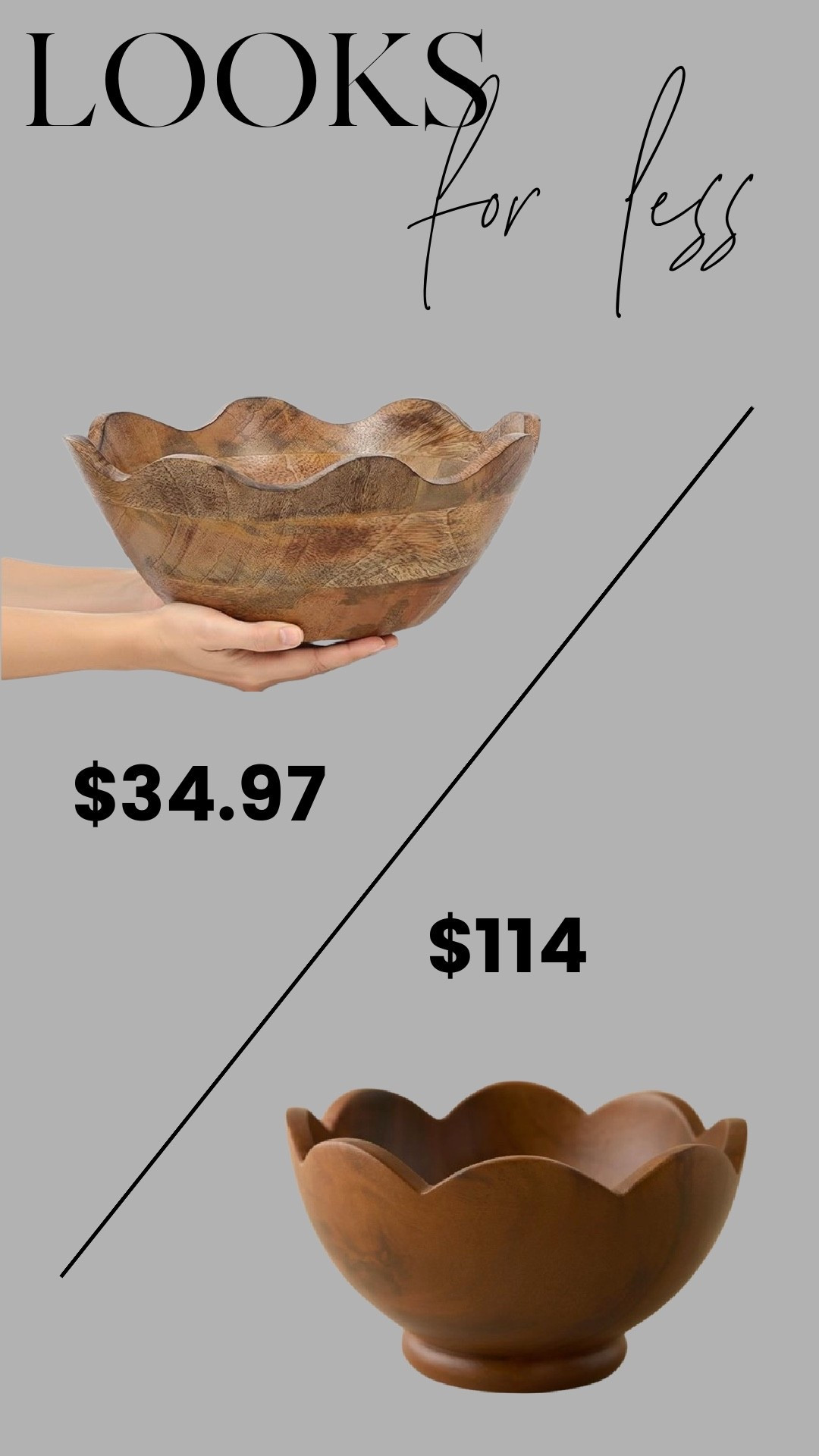 Designer wood scalloped bowl look for less. Same organic shape and warm carved wood tone for $34 instead of $114. I love pieces like this layered on a kitchen island, coffee table, or styled with moss balls or fruit. It adds instant texture and that collected, high-end feel without the markup.

#LTKHome #LTKSaleAlert