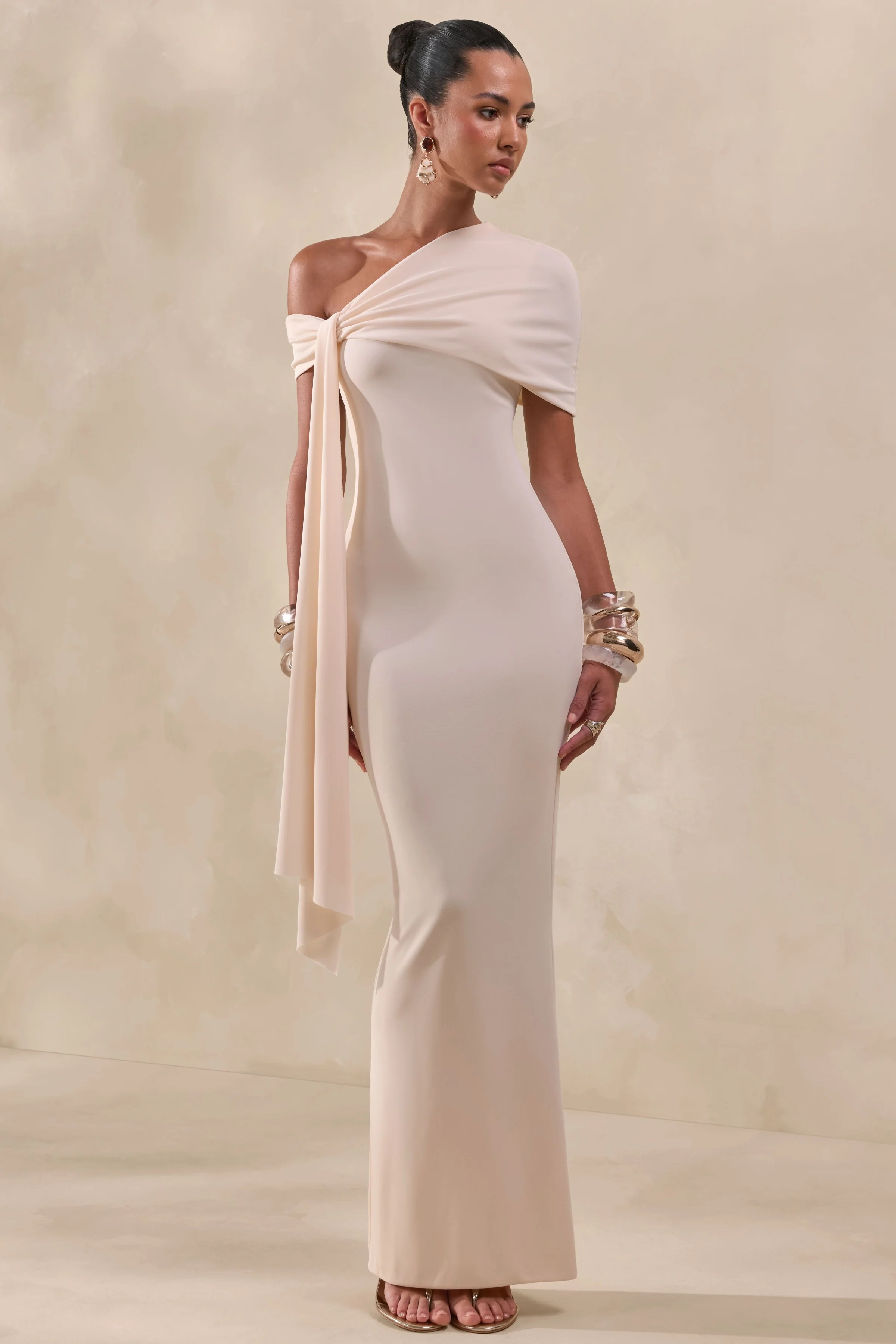 Esalina | Cream Asymmetric-Neck Maxi Dress With Sash | Club L London