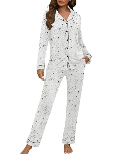 HNG Long Sleeve Lounge Sets For Women Two Piece Pajama Set Cute Pjs For Women White Stars, M | Amazon (US)