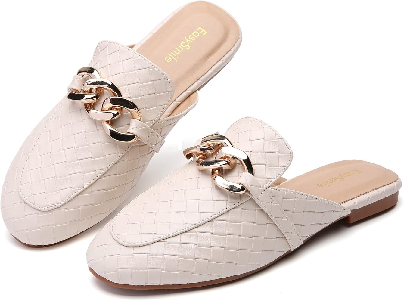 EasySmile Braided Embossed Metal Chain Decor Flat Mules for Women Minimalist Closed Round Toe Slip o | Amazon (US)