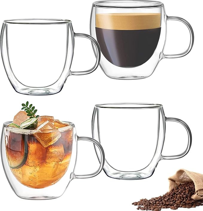 Mfacoy Double Wall Insulated Glasses Espresso Cups Set of 4, 5 oz Clear Coffee Cups with Handle, ... | Amazon (US)