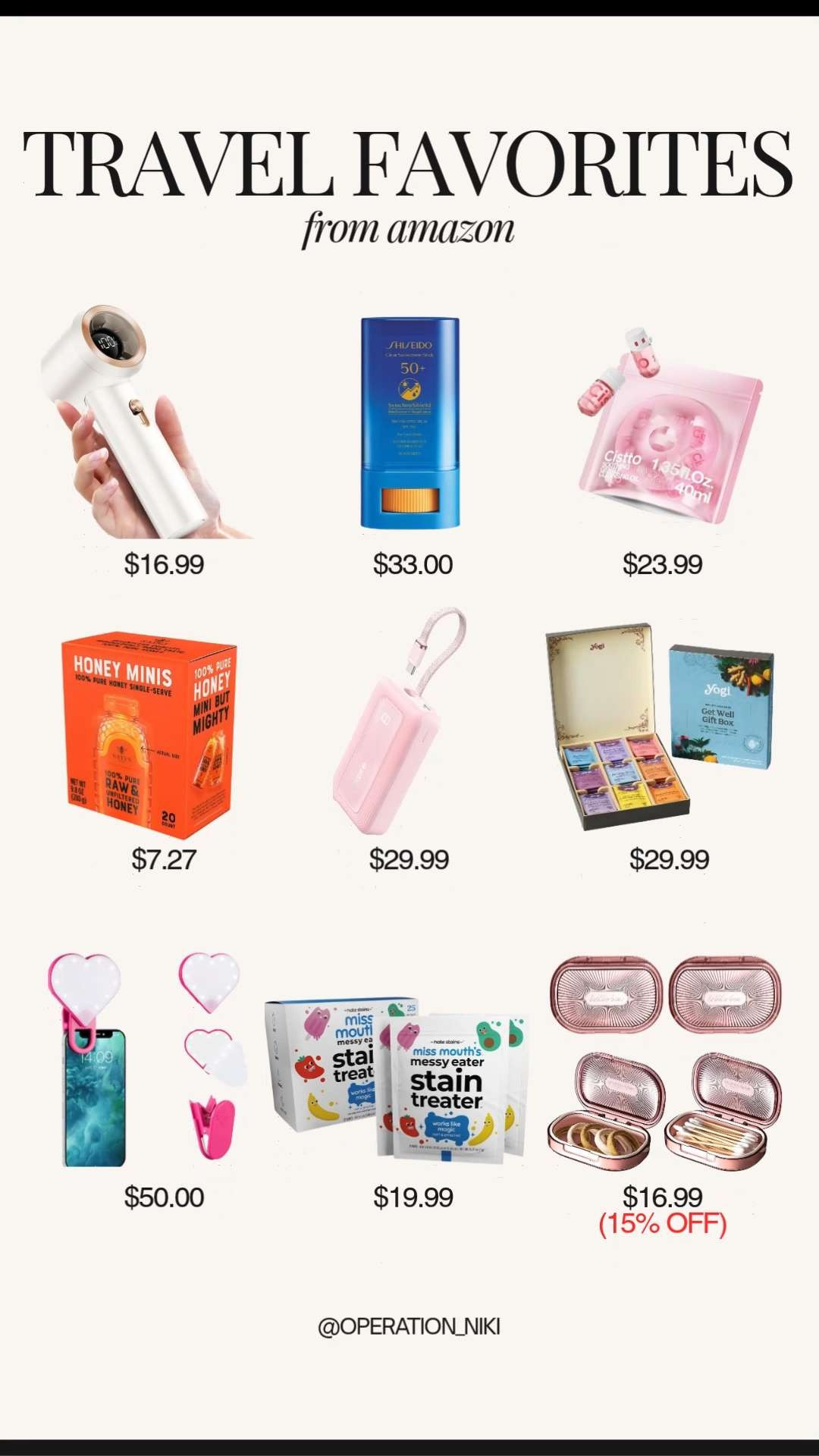 Travel favorites I always keep in my bag. Amazon finds that make trips easier, from beauty touch ups and personal care to smart organizers and on the go essentials. These are practical, space saving picks that actually get used while traveling. Follow for more @OPERATION_NIKI on IG, TikTok, & Facebook #travelfavorites #travelessentials #amazontravel #ltkfinds #packingmusthaves #travelorganization #beautyonthego #influencerfinds #operationniki #LTKFindsUnder50

#LTKselfcare #LTKselfcare #LTKBeauty #LTKTravel