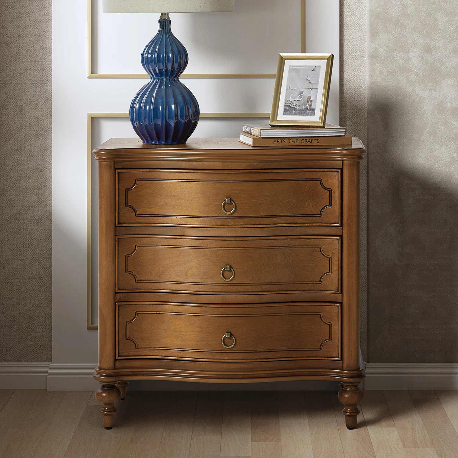Elfine 28'' W Traditional Curves Nightstand with Charging Station and Solid Wood Legs and Metal Knobs Adorn | Wayfair North America