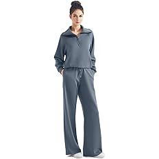 SUUKSESS Women 2 Piece Lounge Matching Set Wide Leg Sweatpant Half Zip Sweatshirt | Amazon (US)
