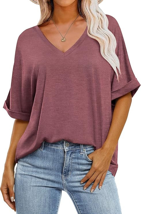 GKBK Womens Oversized T Shirts V Neck Loose Fit Shirts Short Sleeve Summer Casual Tops 2025 Trend... | Amazon (US)