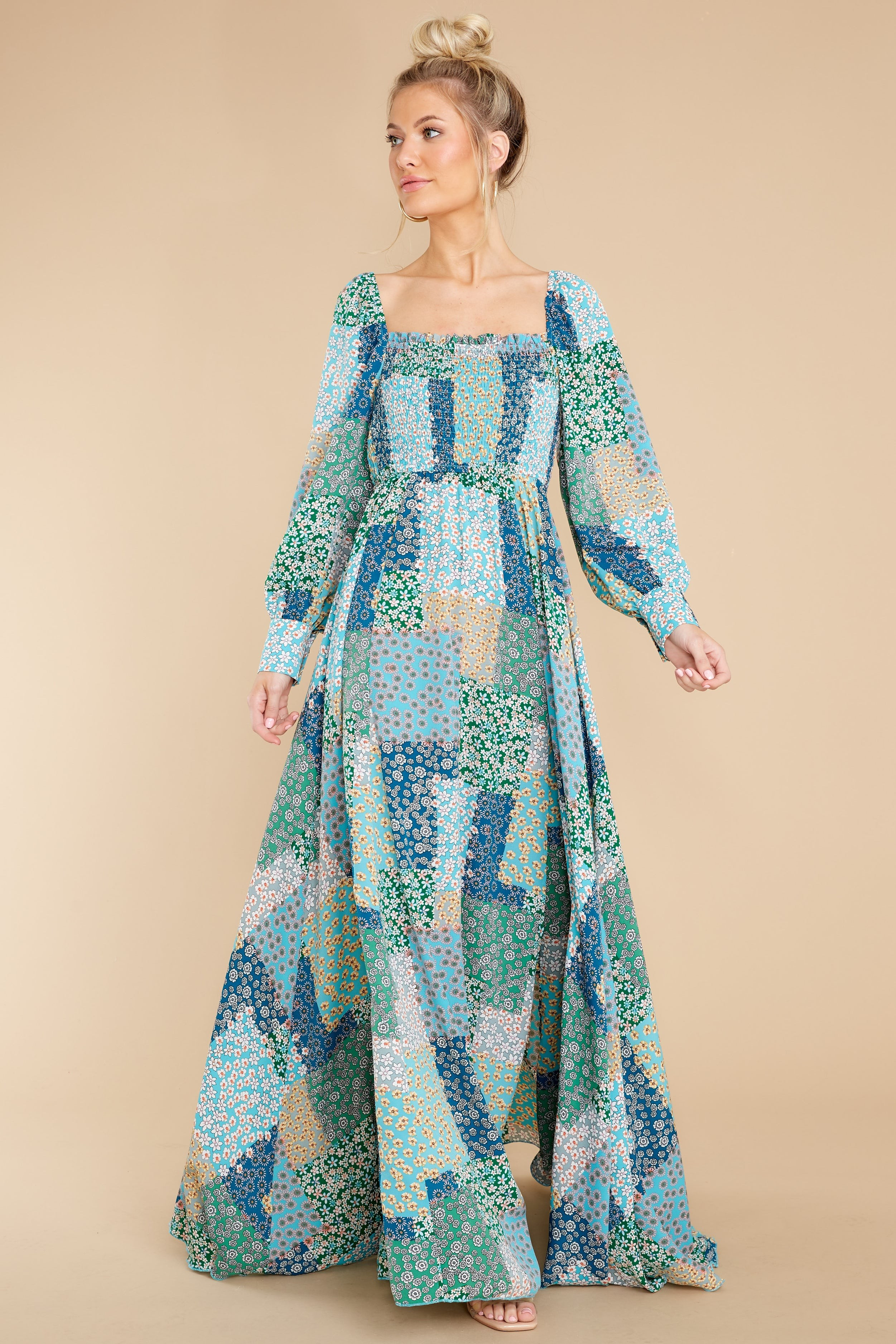 Patchwork Posies Green Floral Print Maxi Dress | Red Dress 