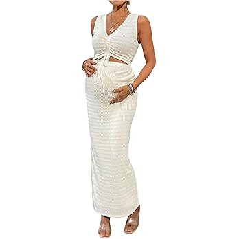 Milumia Women's Maternity 2 Piece Outfits Textured Drawstring Tie Knot Tank Top Bodycon Maxi Skir... | Amazon (US)