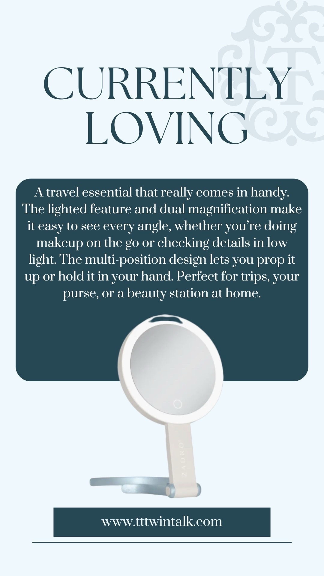 A travel essential that really comes in handy. The lighted feature and dual magnification make it easy to see every angle, whether you’re doing makeup on the go or checking details in low light. The multi-position design lets you prop it up or hold it in your hand. Perfect for trips, your purse, or a beauty station at home.

#LTKSeasonal #LTKHome #LTKTravel
