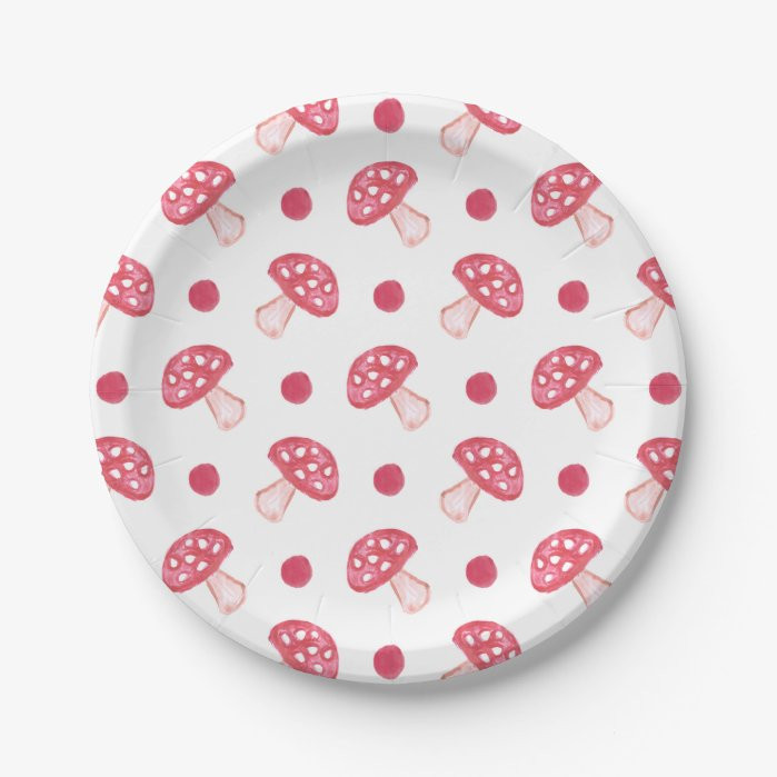 watercolor cute red mushrooms and polka dots 8 paper plates | Zazzle