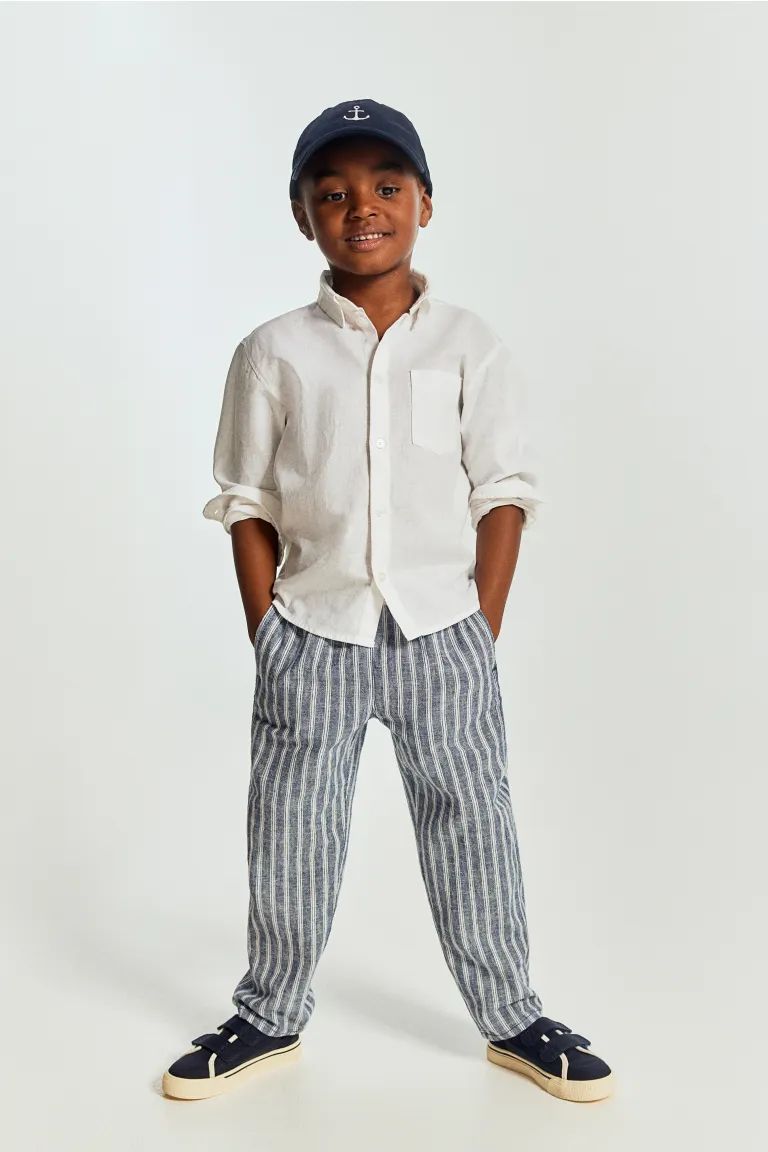 Linen-blend Pull-on Pants - Regular waist - Long - Blue/striped - Kids | H&M US | H&M (US + CA)