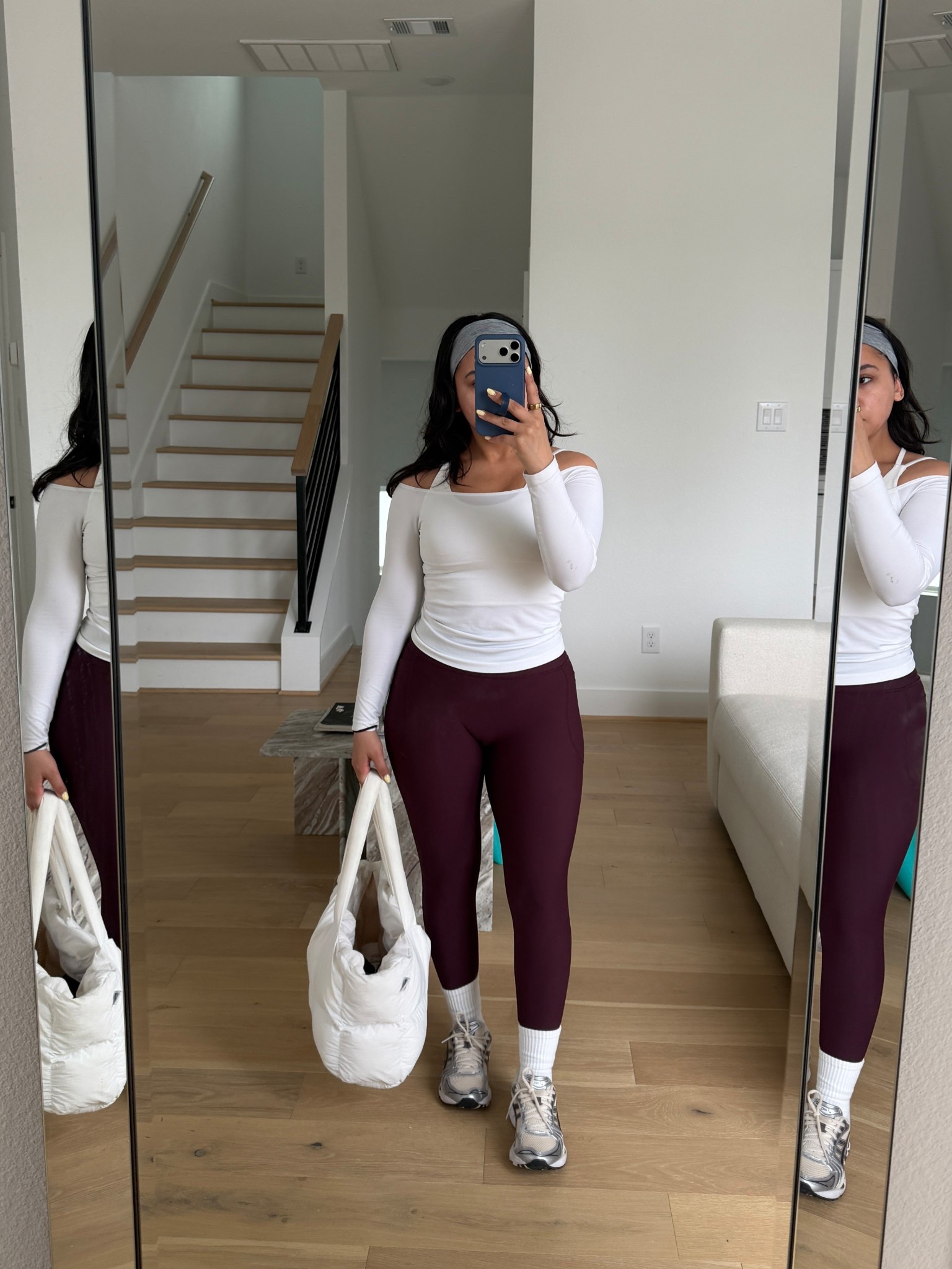 Leggings: small
Off the shoulder top: small
Sports bra: 2 
Grip socks 
ASICS sneakers: 6.5 women 
Puffer tote bag 
Active headband 

#LTKootd #LTKgrwm #LTKActive