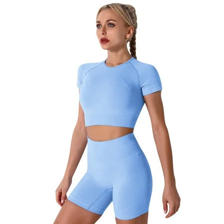 IBTOM CASTLE Women Workout Sets Yoga Outfits, Short Sleeve Crop Top + High Waisted Running Short Pants Gym Clothes Tracksuit, 2-Piece S Light Blue | Walmart (US)