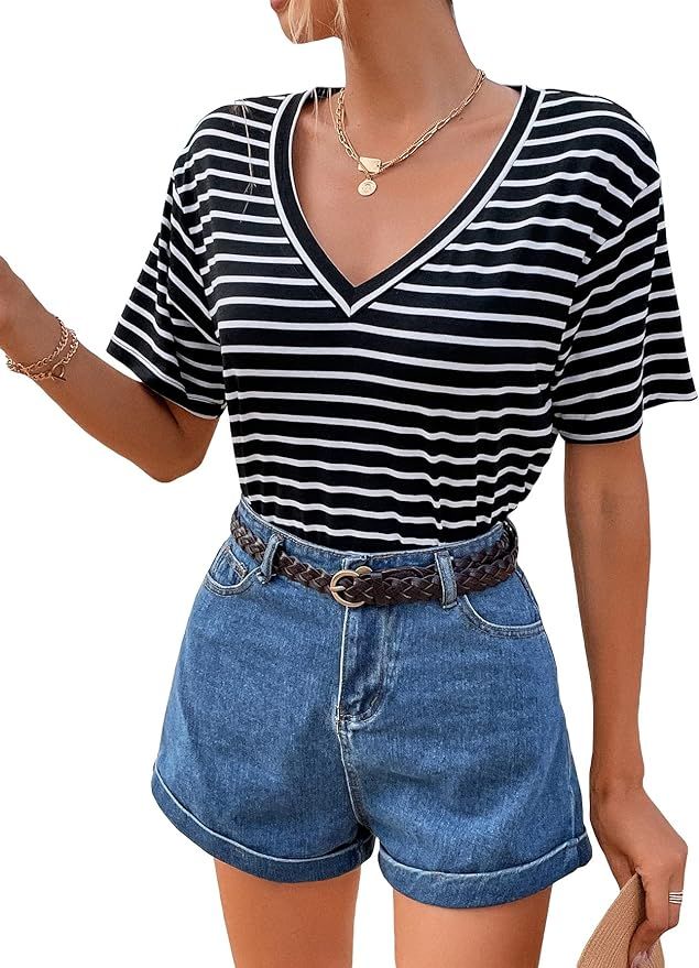 SOLY HUX Women Summer Short Sleeve V-Neck Striped Casual Loose Tee Tops T-Shirt | Amazon (US)