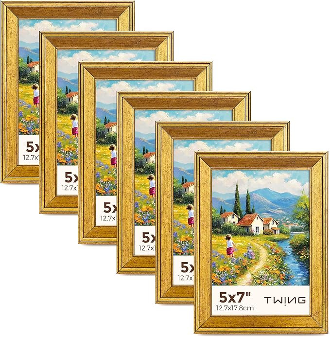 TWING 5x7 Gold Picture Frames Set of 6,Rustic Gold Frames Display Pictures 4x6 with Mat or 5x7 Wi... | Amazon (US)