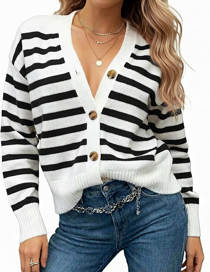 Women's Striped Cardigan Sweaters V Neck Open Front Sweaters Lightweight Long Sleeve Button Tops ... | Amazon (US)