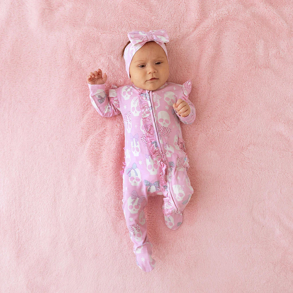 Skeleton Pink Long Sleeve Ms. Kelly Picot Footie Ruffled Zippered One Piece | Posh Peanut\u00ae | Posh Peanut