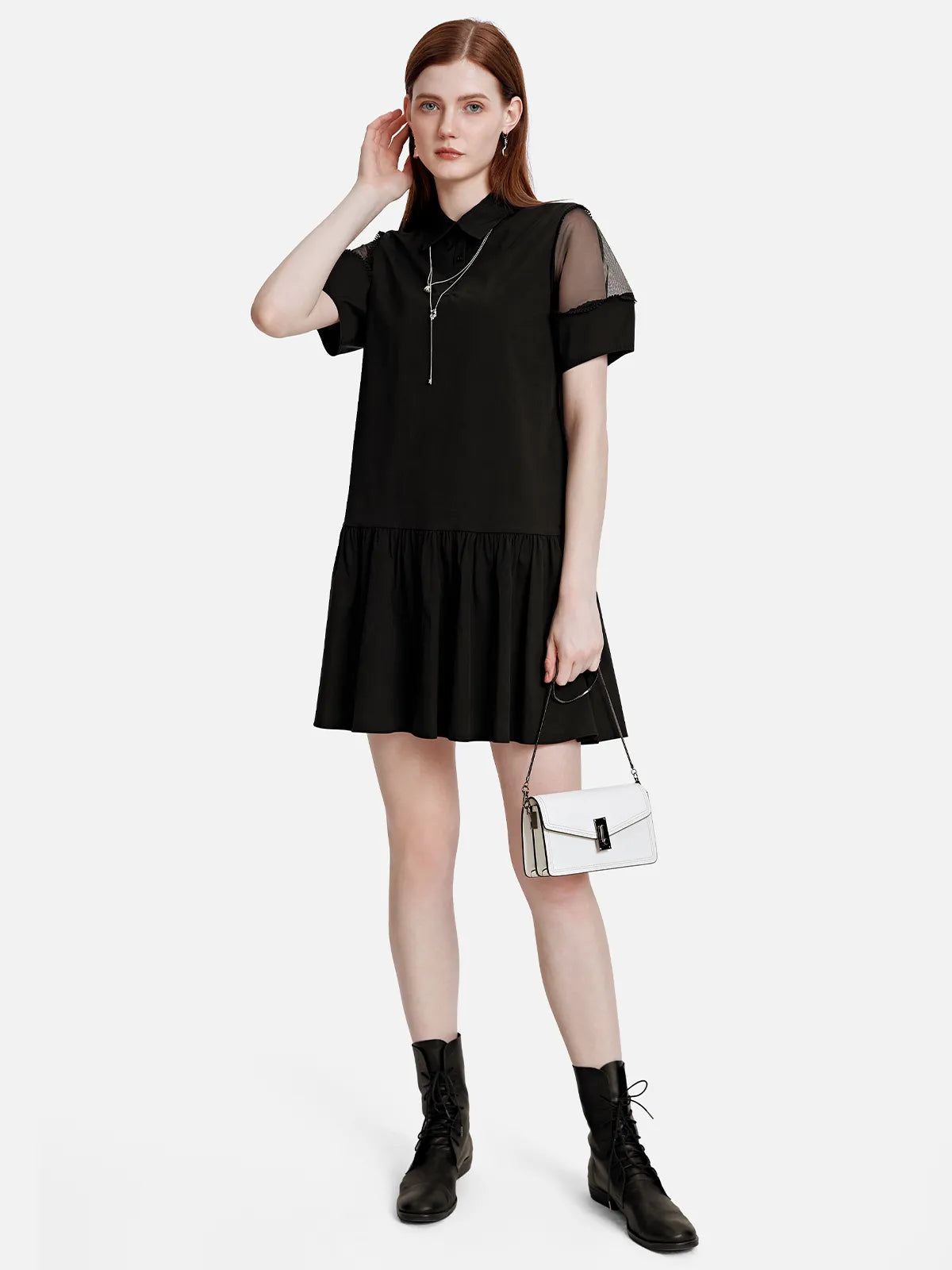 Solid Mesh Sleeve Shirt Mini Dress | SDEER